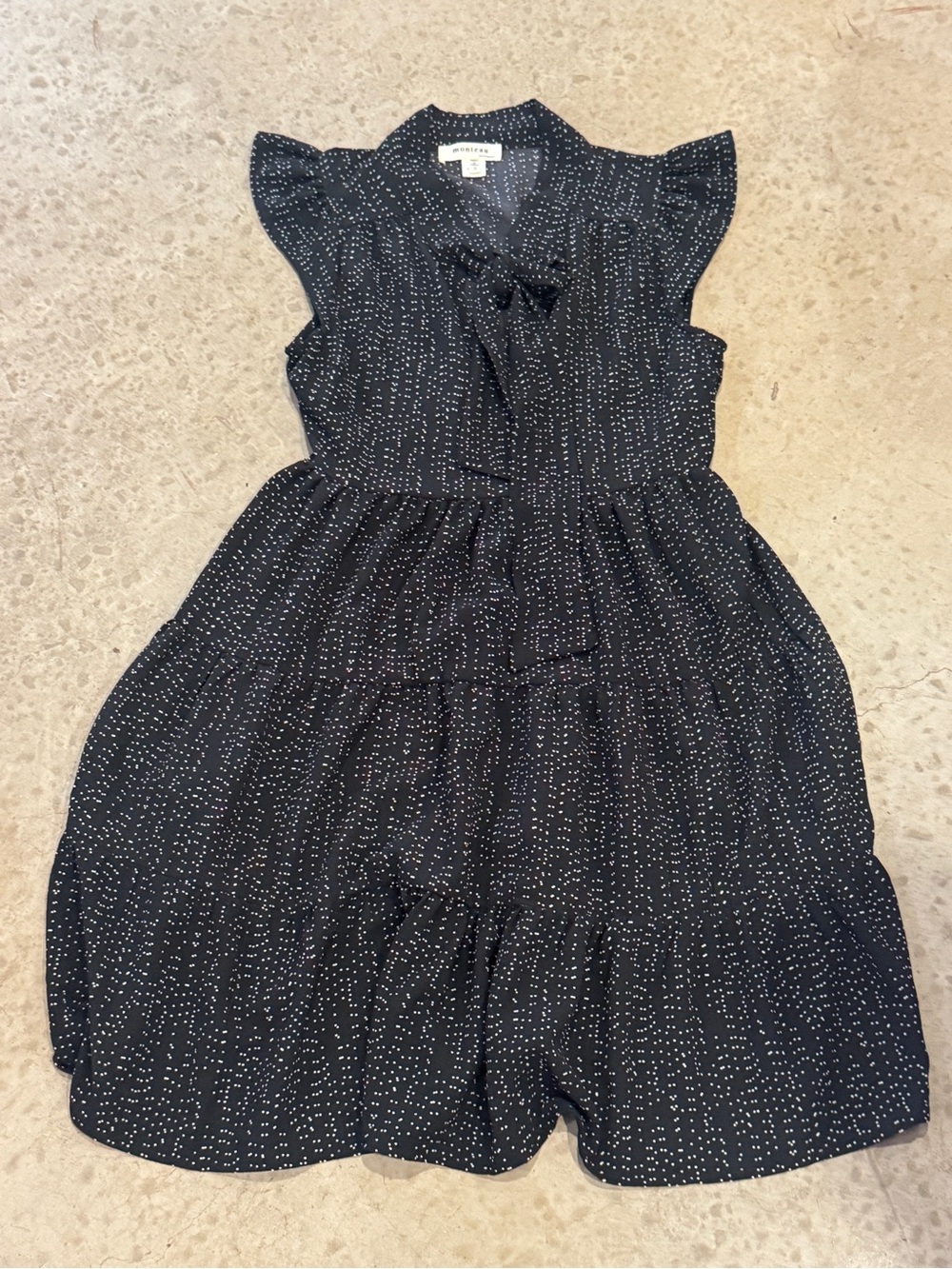 Monteau Black Dress with White Dot Print and Tie Neck